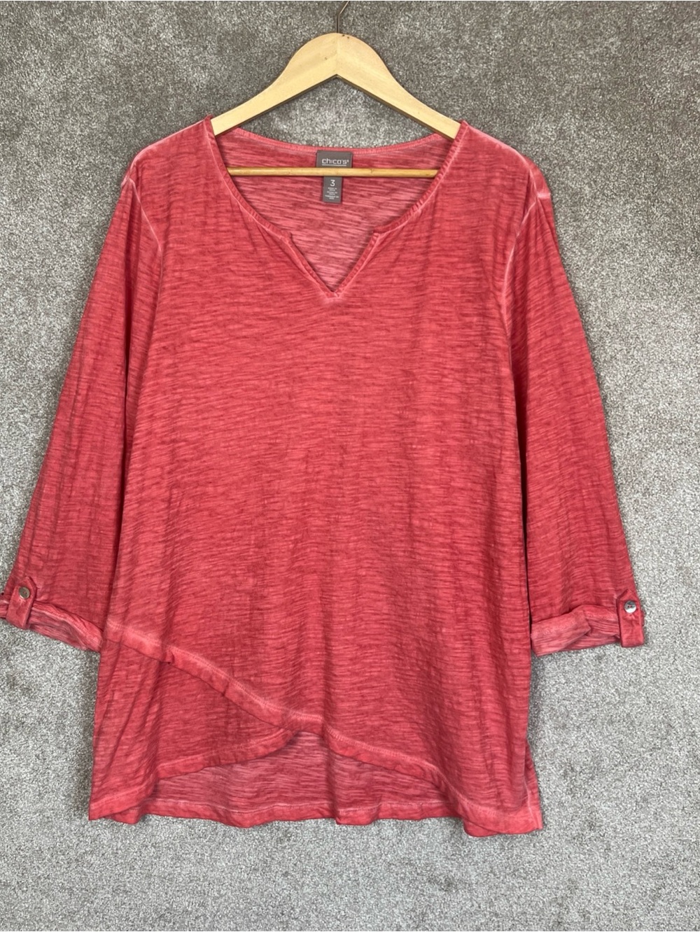 Chico's Shirt Womens 3 Pullover Stretch 3/4 Sleeve Tunic Roll Tab Sleeve- 5292